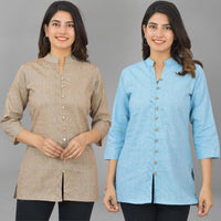 Pack Of 2 Womens Brown And Sky Blue Woven Design Handloom Cotton Frontslit Short Kurtis