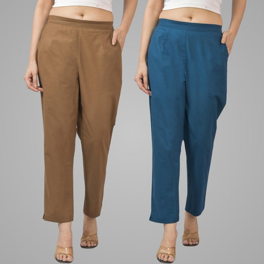 Pack Of 2 Womens Half Elastic Brown And Teal Blue Deep Pocket Cotton Pants