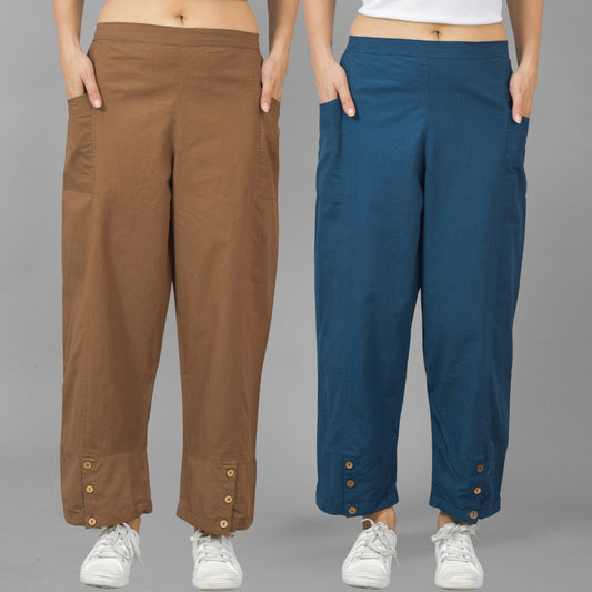 Combo Pack Of Womens Brown And Teal Blue Side Pocket Straight Cargo Pants