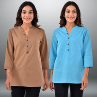 Pack Of 2 Womens Regular Fit Brown And Turquoise Three Fourth Sleeve Cotton Tops Combo