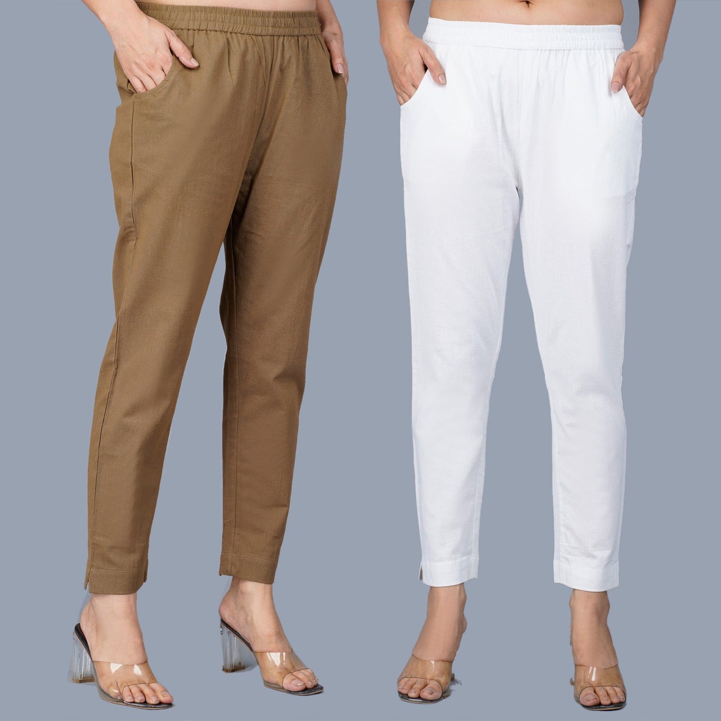 Pack Of 2 Womens Regular Fit Brown And White Fully Elastic Waistband Cotton Trouser