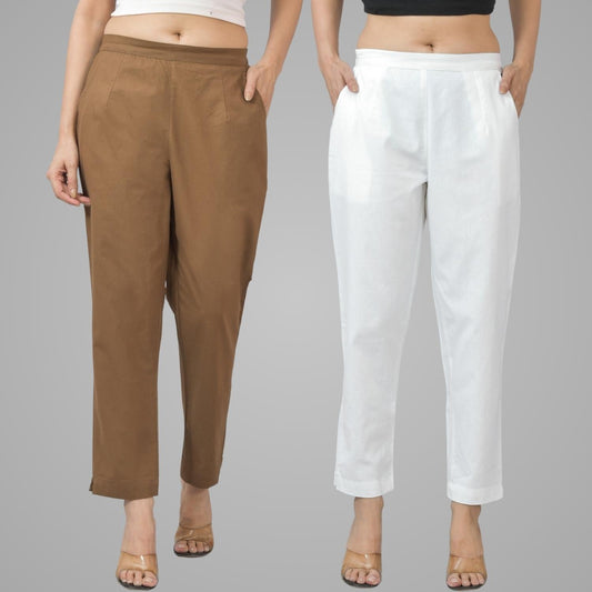 Pack Of 2 Womens Half Elastic Brown And White Deep Pocket Cotton Pants