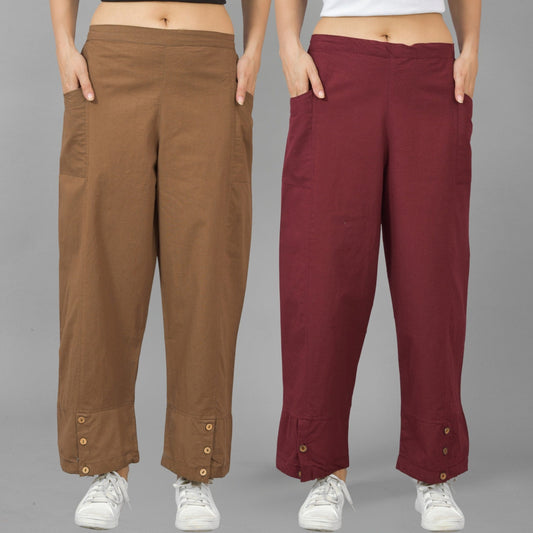 Combo Pack Of Womens Brown And Wine Side Pocket Straight Cargo Pants