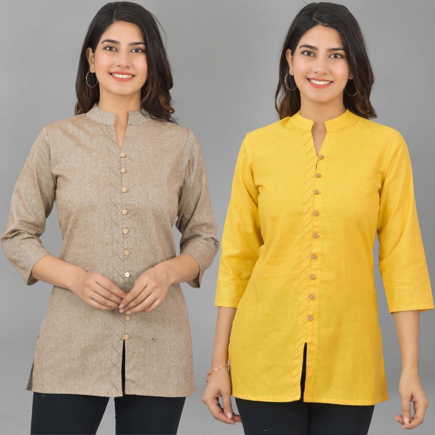 Pack Of 2 Womens Brown And Yellow Woven Design Handloom Cotton Frontslit Short Kurtis