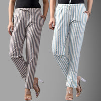 Pack Of 2 Brown And Green Womens Cotton Stripe Pants Combo