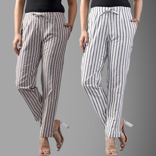 Pack Of 2 Brown And Light Grey Womens Cotton Stripe Pants Combo
