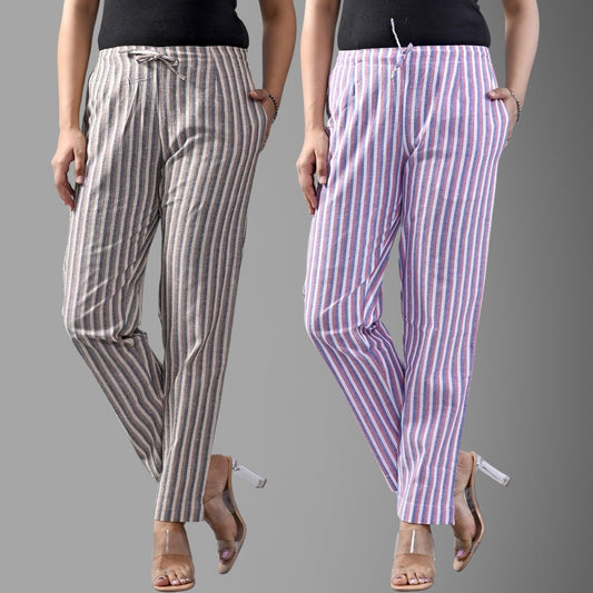 Pack Of 2 Brown And Blue Womens Cotton Stripe Pants Combo