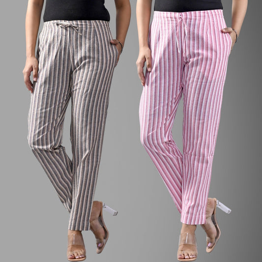 Pack Of 2 Brown And Pink Womens Cotton Stripe Pants Combo