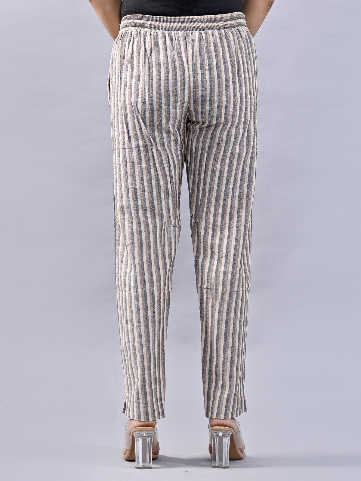 Pack Of 2 Brown And Blue Womens Cotton Stripe Pants Combo