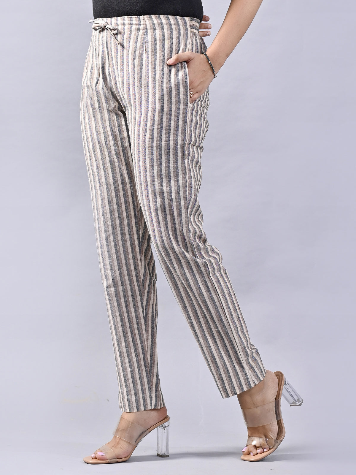 QuaClo Women Brown & Black Stripe Regular Fit Cotton Trouser