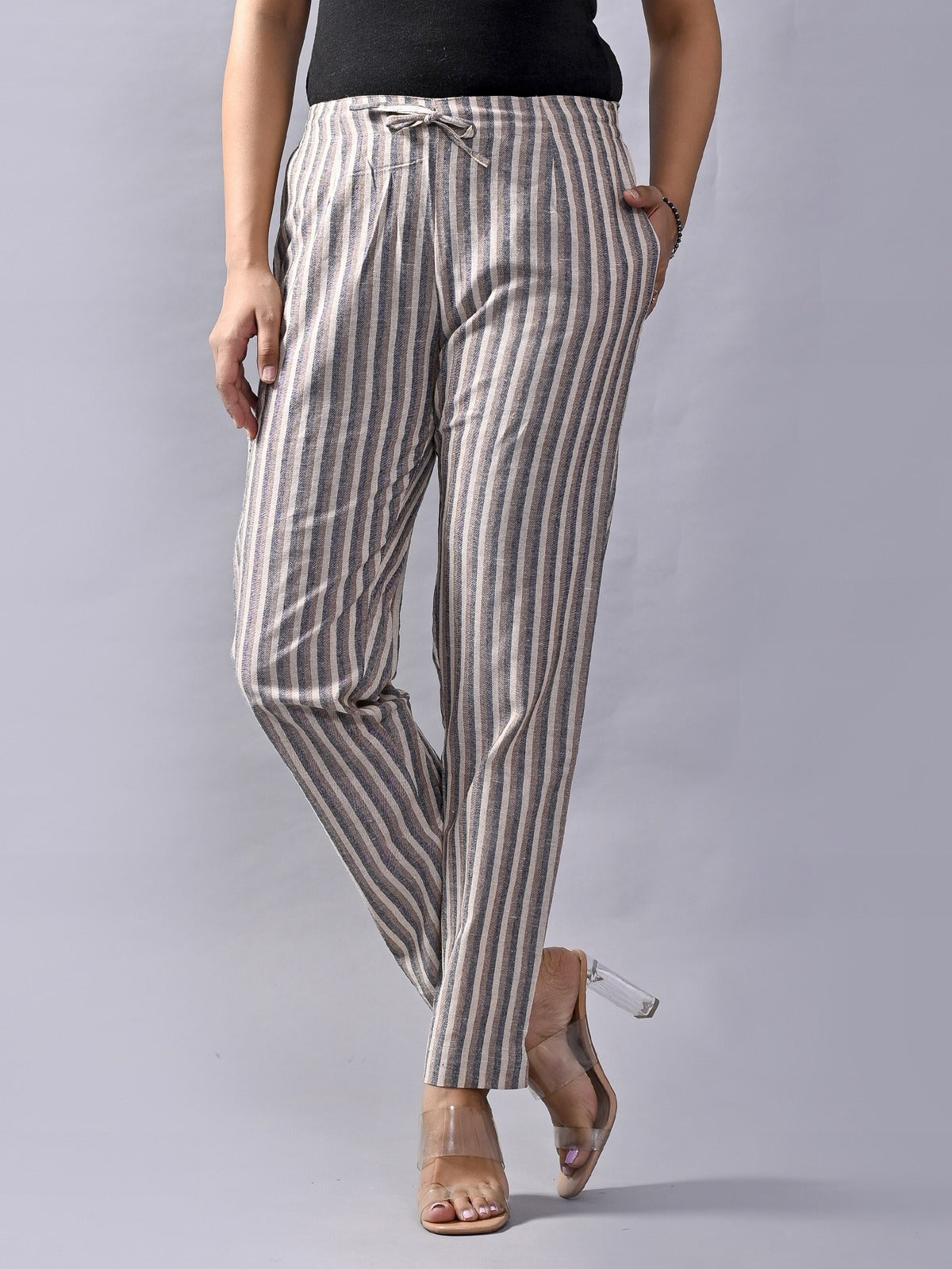 Pack Of 2 Brown And Light Grey Womens Cotton Stripe Pants Combo