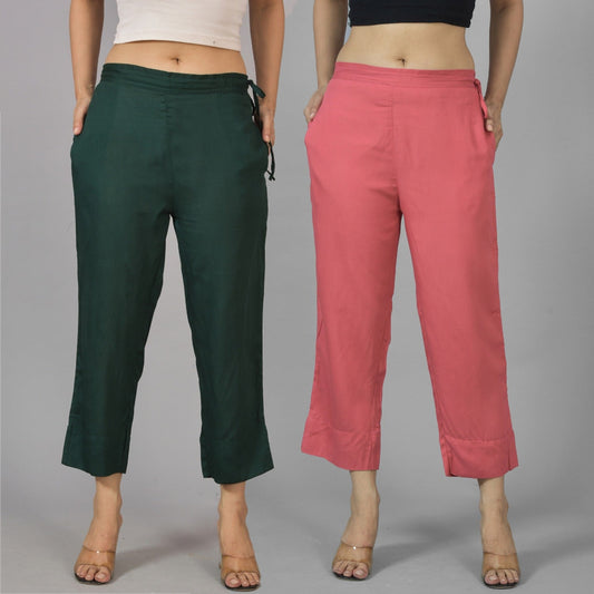 Pack Of 2 Womens Dark Green And Mauve Pink Ankle Length Rayon Culottes Trouser Combo