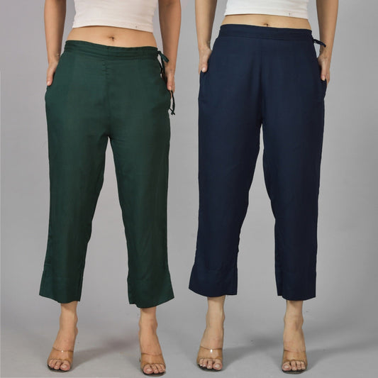 Pack Of 2 Womens Dark Green And Navy Blue Ankle Length Rayon Culottes Trouser Combo