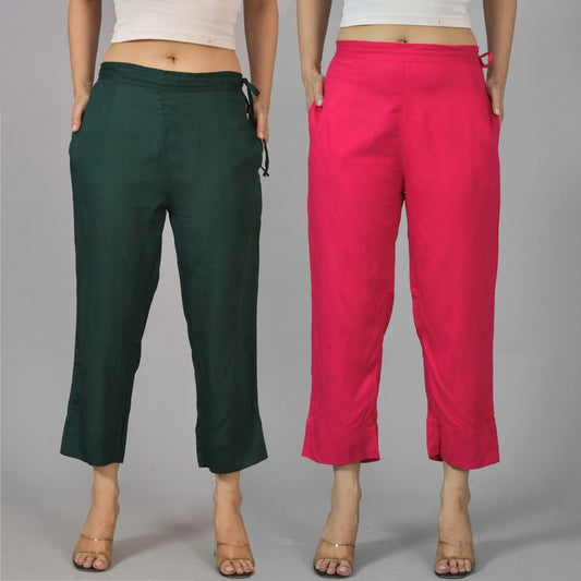 Pack Of 2 Womens Dark Green And Rani Pink Ankle Length Rayon Culottes Trouser Combo