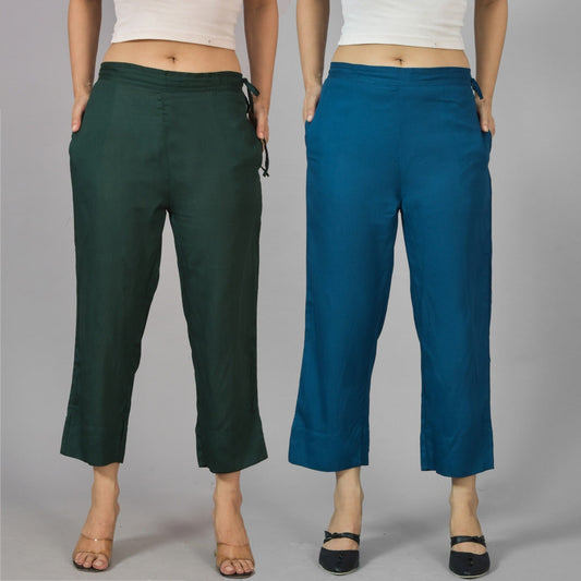 Pack Of 2 Womens Dark Green And Teal Blue Ankle Length Rayon Culottes Trouser Combo