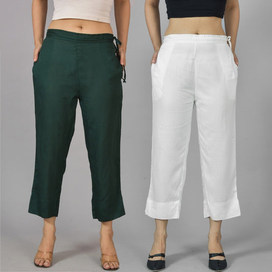 Pack Of 2 Womens Dark Green And White Ankle Length Rayon Culottes Trouser Combo