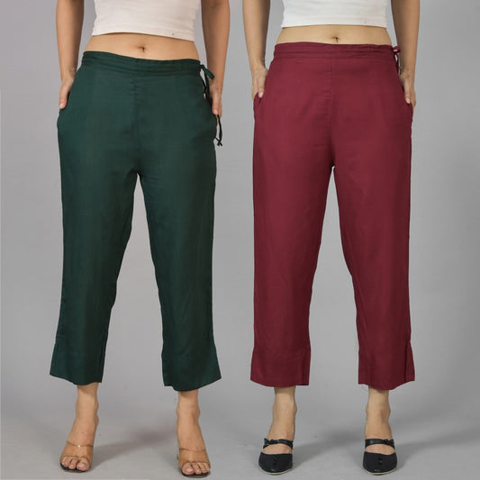 Pack Of 2 Womens Dark Green And Wine Ankle Length Rayon Culottes Trouser Combo