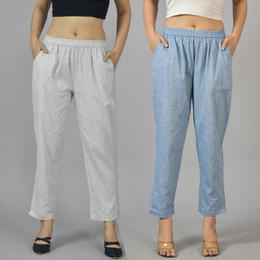 Pack Of 2 Womens Cement Grey and Denim Blue Fully Elastic Cotton Trousers