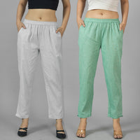 Pack Of 2 Womens Cement Grey and Green Fully Elastic Cotton Trousers