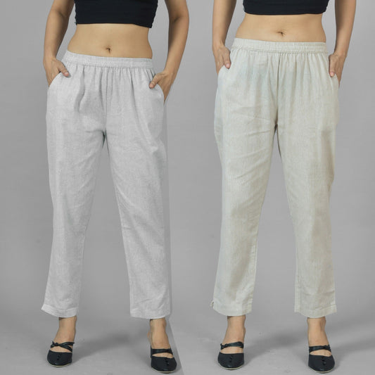 Pack Of 2 Womens Cement Grey and Off White Fully Elastic Cotton Trousers