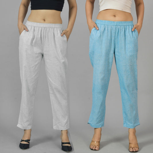 Pack Of 2 Womens Cement Grey and Sky Blue Fully Elastic Cotton Trousers