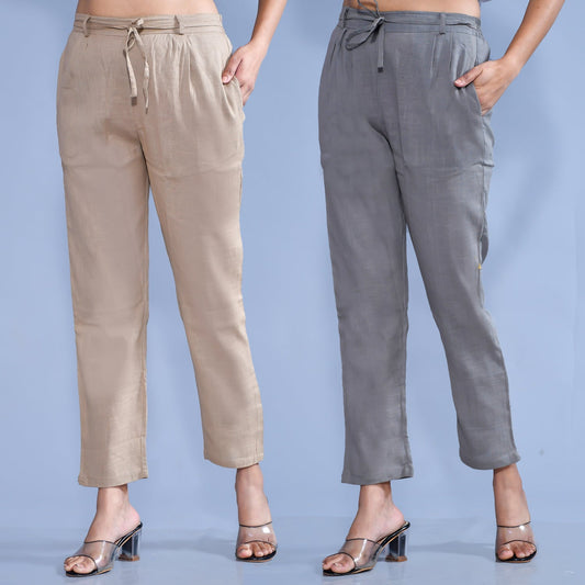 Pack Of 2 Womens Regular Fit Chiku And Grey Cotton Slub Belt Pant Combo