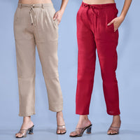 Pack Of 2 Womens Regular Fit Chiku And Maroon Cotton Slub Belt Pant Combo