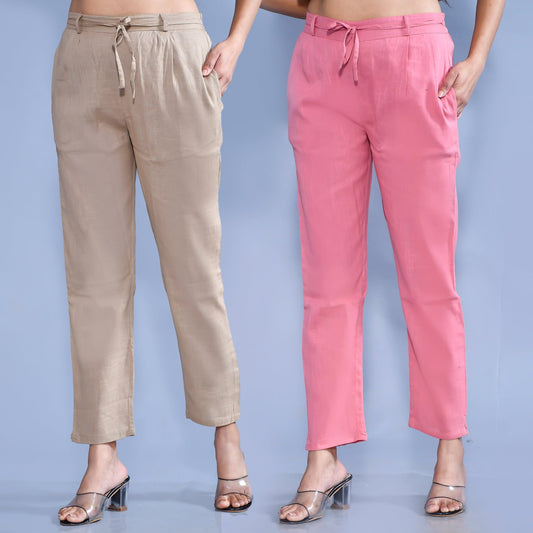 Pack Of 2 Womens Regular Fit Chiku And Mauve Pink Cotton Slub Belt Pant Combo