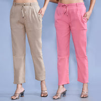 Pack Of 2 Womens Regular Fit Chiku And Mauve Pink Cotton Slub Belt Pant Combo