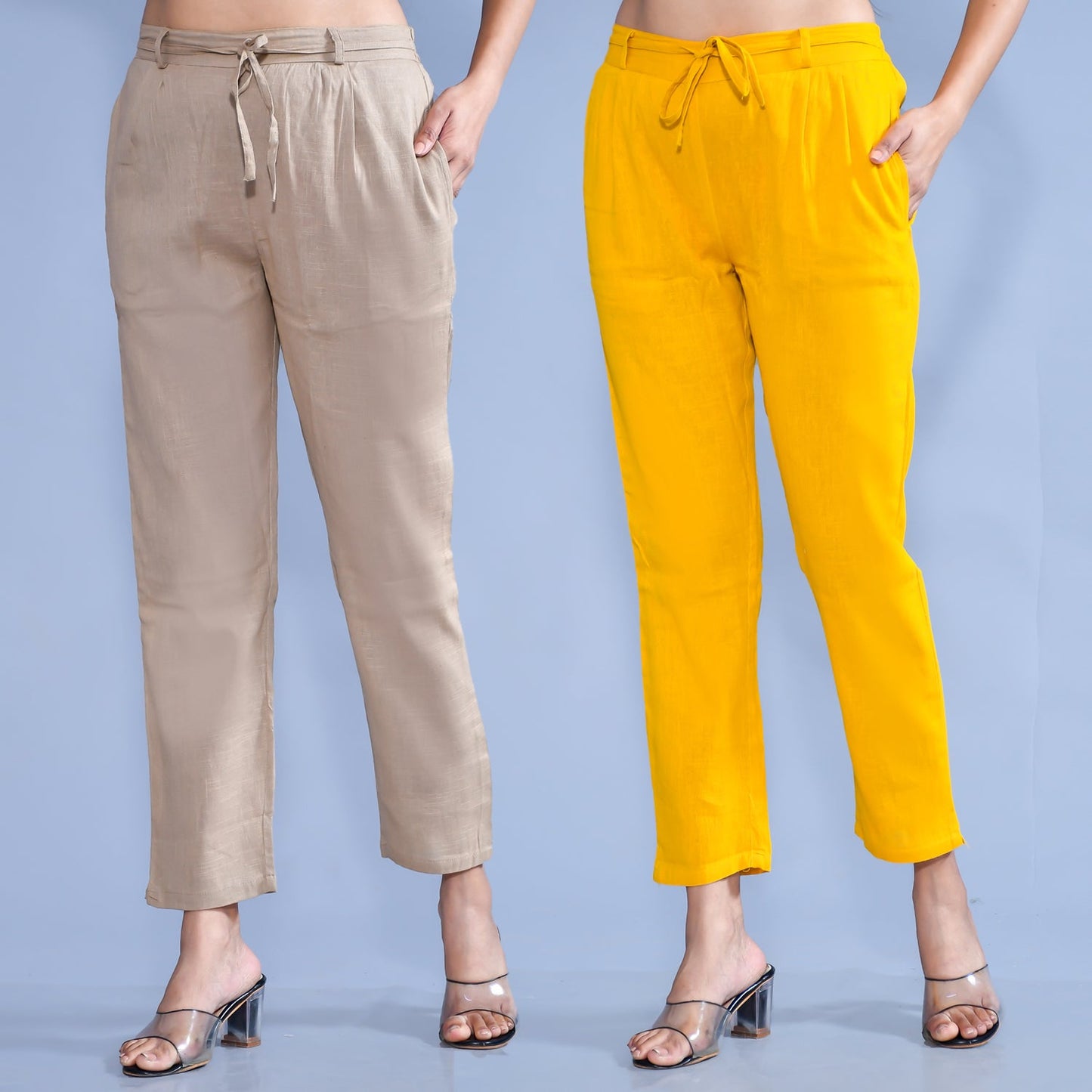 Pack Of 2 Womens Regular Fit Chiku And Mustard Cotton Slub Belt Pant Combo