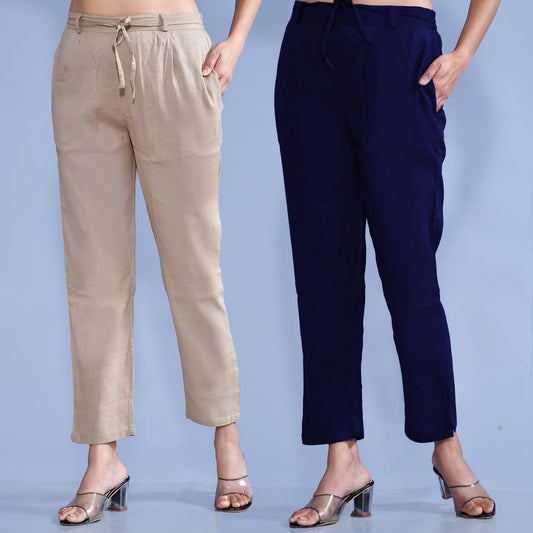 Pack Of 2 Womens Regular Fit Chiku And Navy Blue Cotton Slub Belt Pant Combo