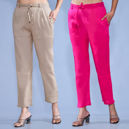 Pack Of 2 Womens Regular Fit Chiku And Rani Pink Cotton Slub Belt Pant Combo