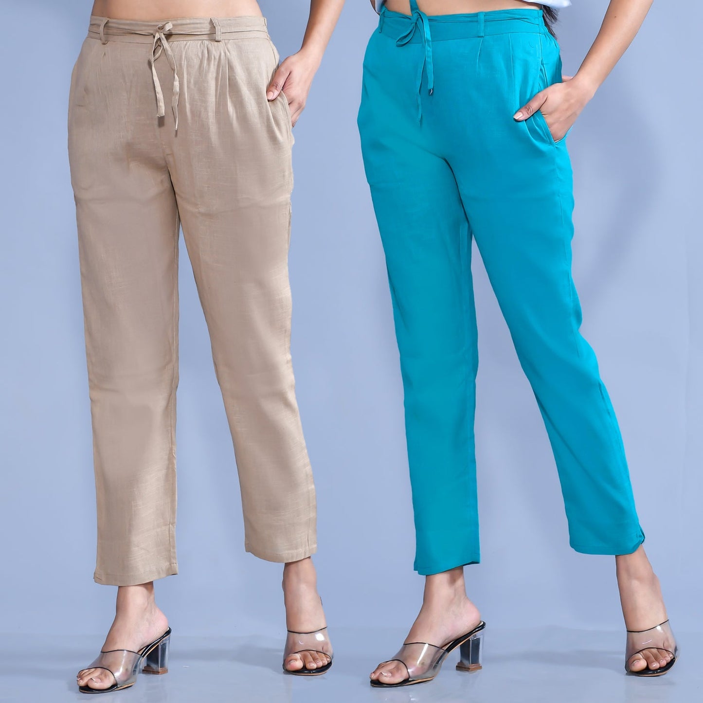 Pack Of 2 Womens Regular Fit Chiku And Blue Cotton Slub Belt Pant Combo