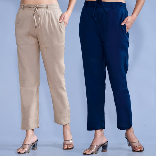 Pack Of 2 Womens Regular Fit Chiku And Teal Blue Cotton Slub Belt Pant Combo