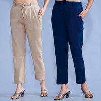 Pack Of 2 Womens Regular Fit Chiku And Teal Blue Cotton Slub Belt Pant Combo