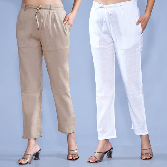 Pack Of 2 Womens Regular Fit Chiku And White Cotton Slub Belt Pant Combo