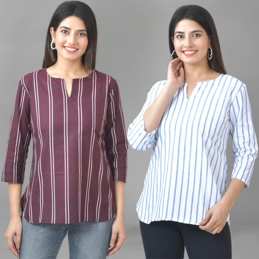 Pack Of 2 Coffee And Blue Striped Cotton Womens Top Combo