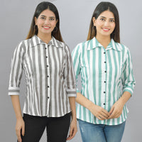 Pack Of 2 Womens Coffee And Green Spread Collar Striped Shirt Combo