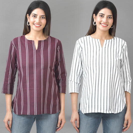 Pack Of 2 Coffee And Grey Striped Cotton Womens Top Combo