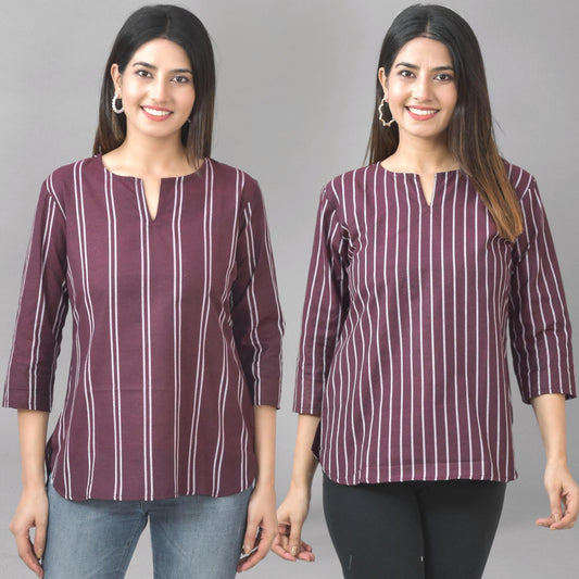 Pack Of 2 Coffee And Dark Maroon Striped Cotton Womens Top Combo