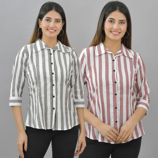 Pack Of 2 Womens Coffee And Maroon Spread Collar Striped Shirt Combo