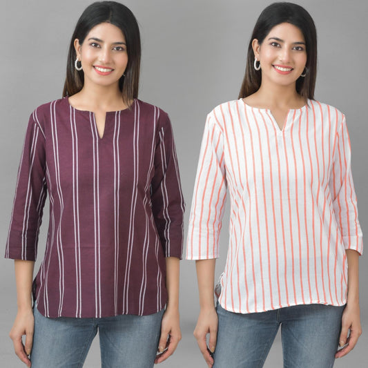 Pack Of 2 Coffee And Orange Striped Cotton Womens Top Combo