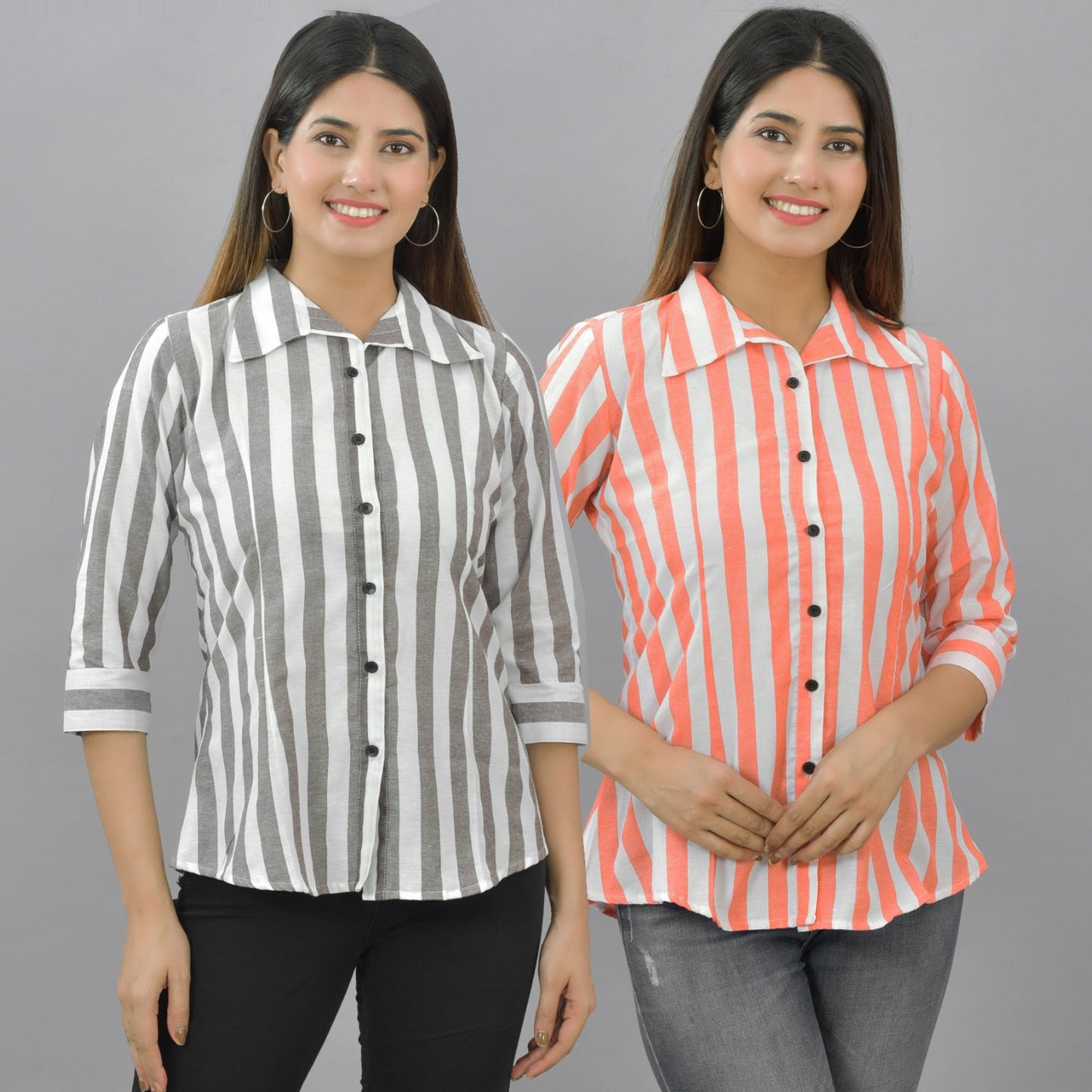 Pack Of 2 Womens Coffee And Orange Spread Collar Striped Shirt Combo