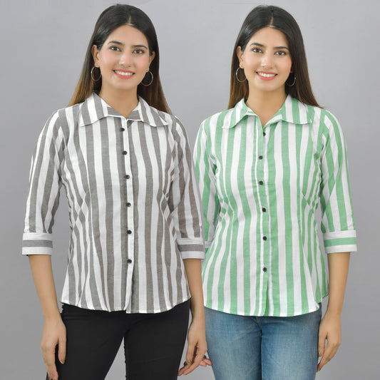 Pack Of 2 Womens Coffee And Parrot Green Spread Collar Striped Shirt Combo