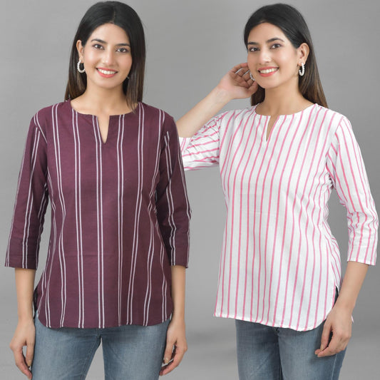 Pack Of 2 Coffee And Pink Striped Cotton Womens Top Combo