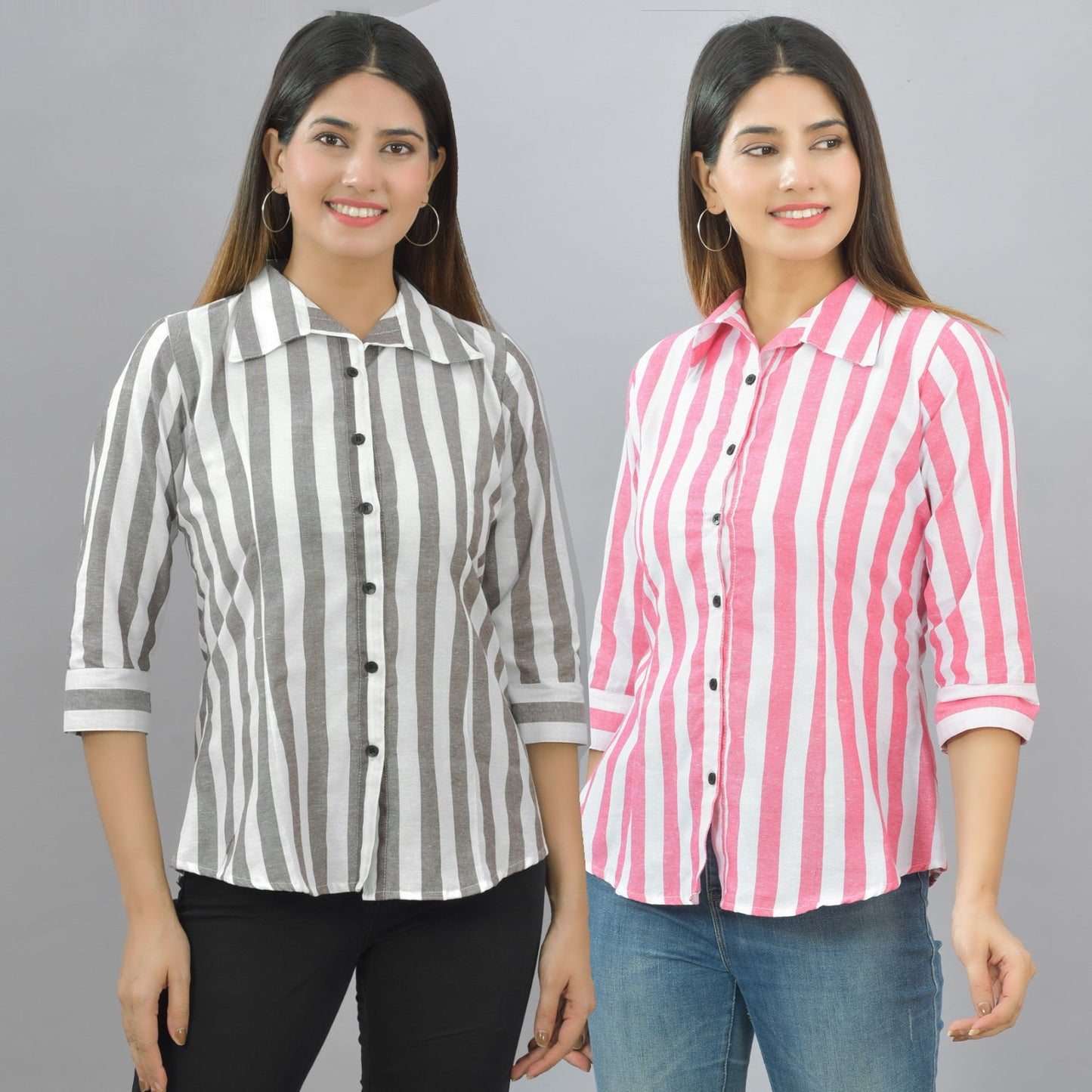 Pack Of 2 Womens Coffee And Pink Spread Collar Striped Shirt Combo