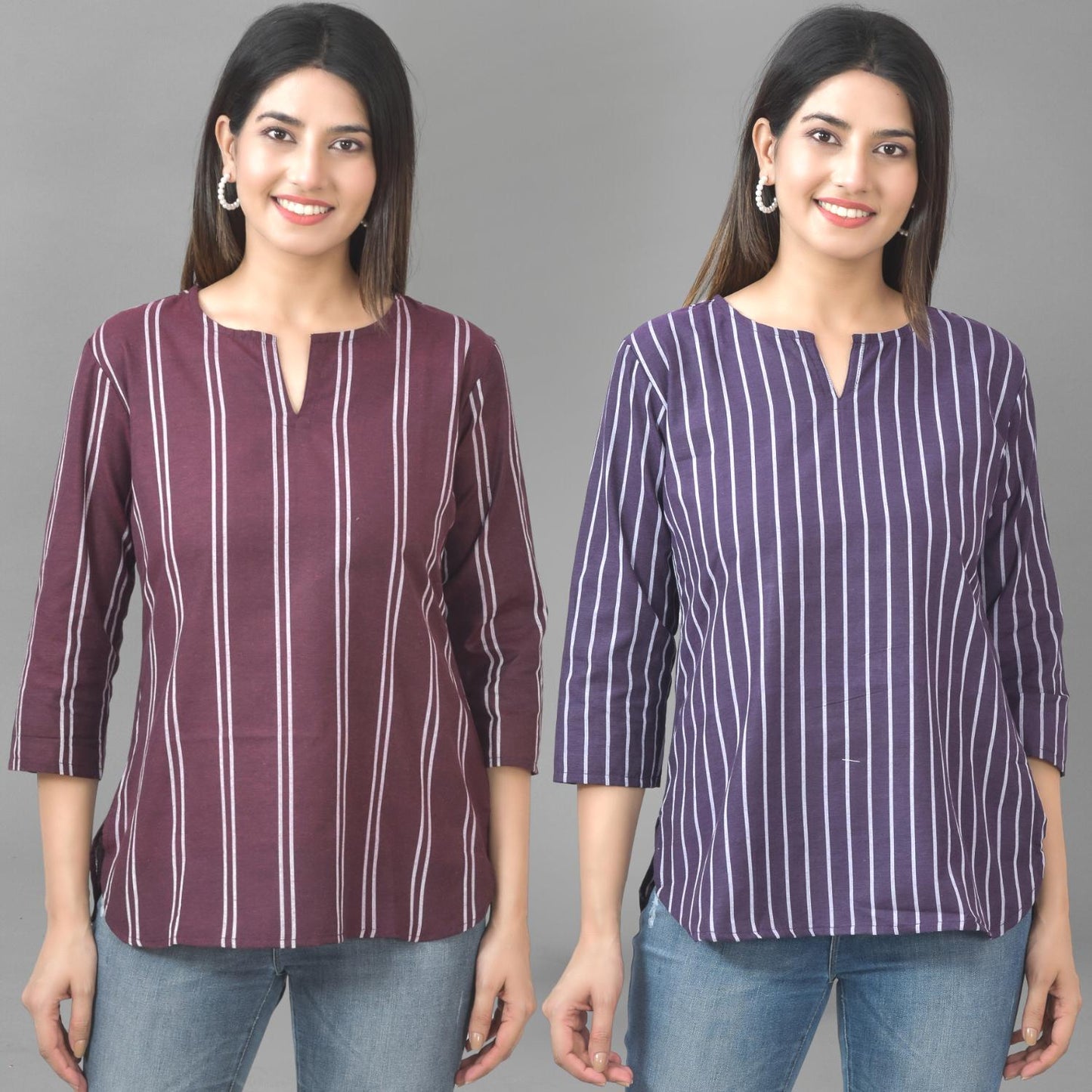 Pack Of 2 Coffee And Dark Purple Striped Cotton Womens Top Combo