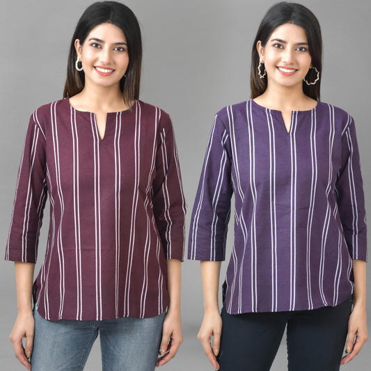 Pack Of 2 Coffee And Purple Striped Cotton Womens Top Combo