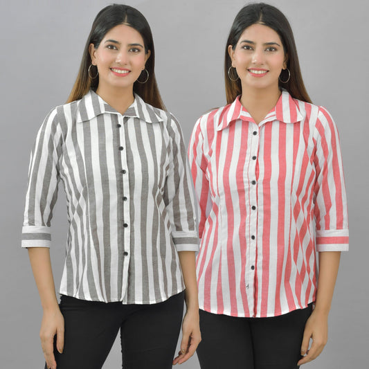 Pack Of 2 Womens Coffee And Red Spread Collar Striped Shirt Combo