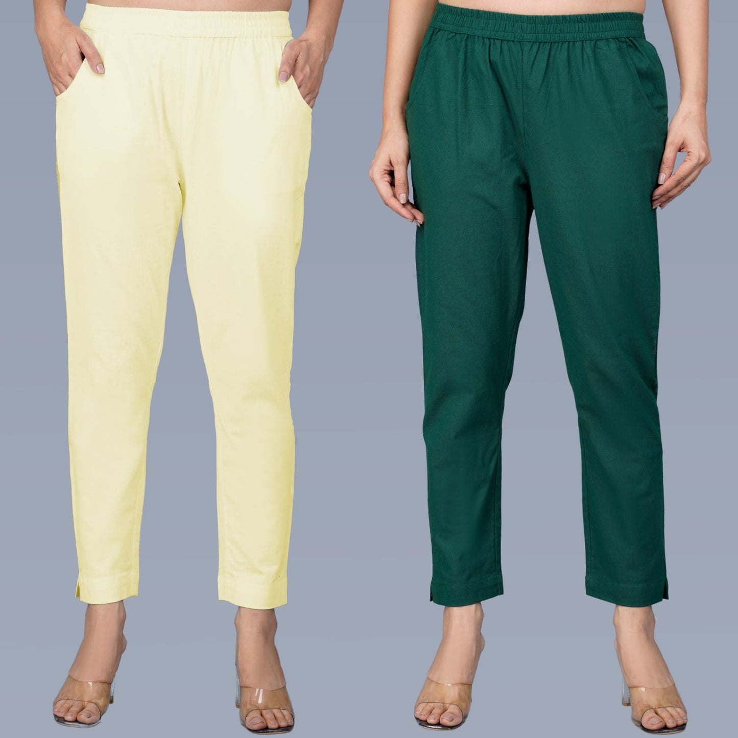 Pack Of 2 Womens Regular Fit Cream And Bottle Green Fully Elastic Waistband Cotton Trouser